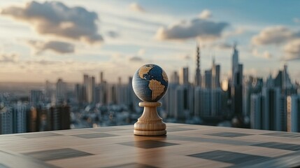 A globe representing Earth is placed on a chessboard surrounded by black and white pieces under a clear blue sky