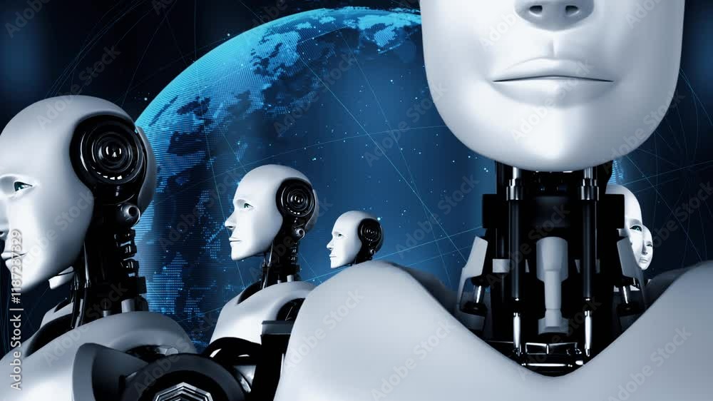 Poster 3d rendering of robot hominoid group in concept of future artificial intelligence and 4th fourth ind