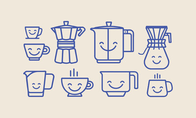Modern vector illustration of coffee cups and pots, easily editable.