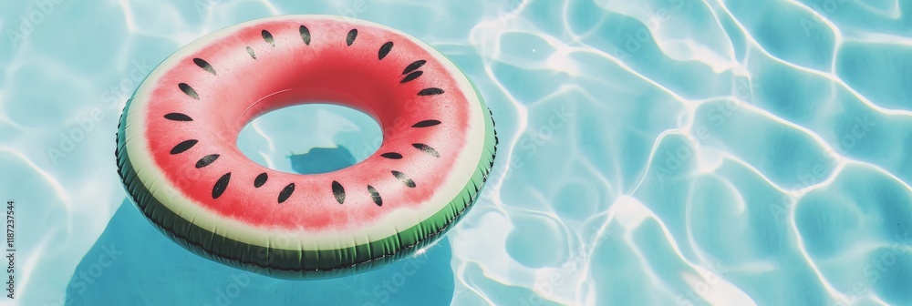 Poster bright summer sunlight illuminating an inflatable watermelon ring floating on a turquoise swimming p