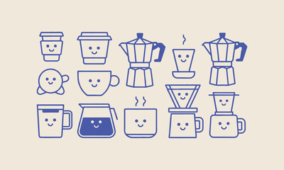 Modern vector illustration of coffee cups and pots, easily editable.