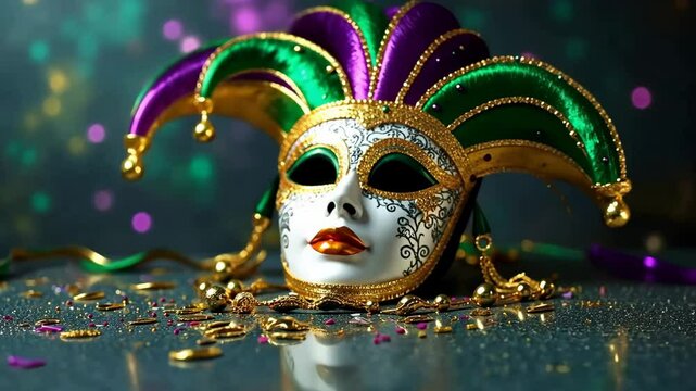 Explore the Vibrant Atmosphere of Mardi Gras With a Stylish Carnival Mask Against a Dark Backdrop Filled With Glitter and Color