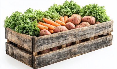 Fresh carrots, potatoes, lettuce in crate.  Farm harvest, healthy food