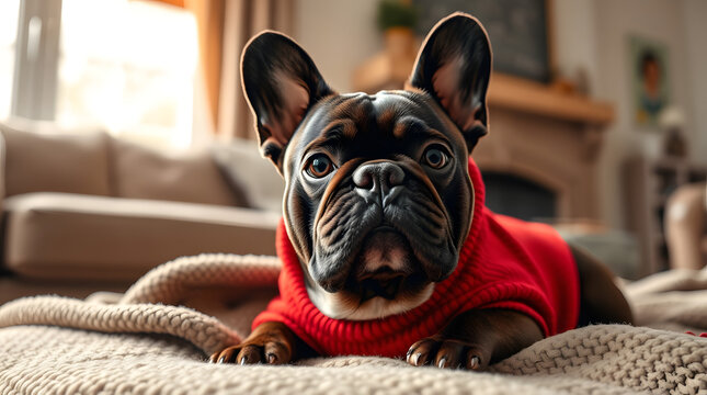 French Bulldog relaxing in cozy sweater on soft blanket at home, copy space, dog'd dzen