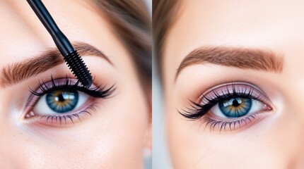 Naklejka premium Liquid eyeliner stroke, Dual close-up of woman's eyes highlighting liquid eyeliner application and beautifully styled lashes, bright lighting, 