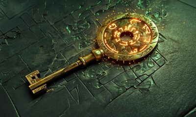 Glowing rune-engraved fantasy key on dark, textured surface - Powered by Adobe