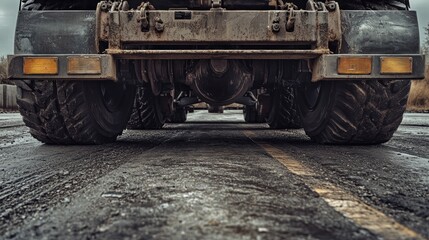 Obraz premium Close-up view of a dirty truck's rear axle, tires, and undercarriage on a road.