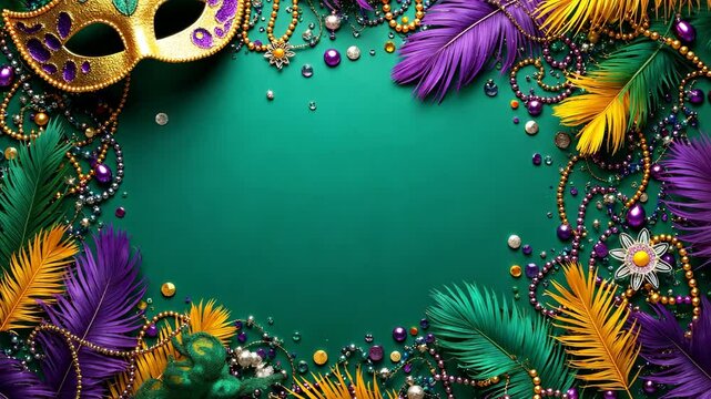Celebrate Mardi Gras With Vibrant Carnival Frame Featuring Colorful Feathers and Beads for Festive Decorations