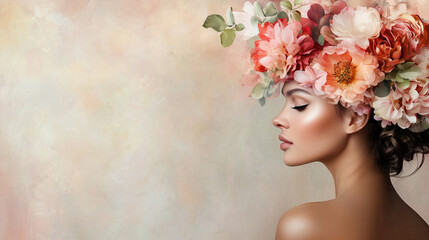 Fototapeta premium Dreamlike Portrait of Woman with Floral Headpiece and Pastel Background