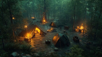 Night forest campsite, illuminated tents, fires.
