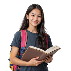 Smiling Asian Student Girl with Backpack Holding Textbook, Studying, Education Concept, Happy Young Woman Reading Book, Positive Female College       