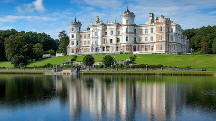 Fototapeta premium Castle, with its striking red brick and white towers, overlooks the calm waters of Lake amid a picturesque landscape.