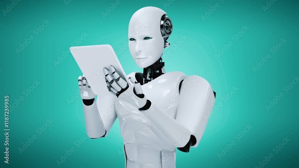 Poster robot hominoid using tablet computer for big data analytic using ai thinking brain , artificial inte