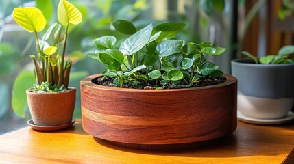 Fototapeta premium Indoor plants in a wooden planter on a table by sunny window.