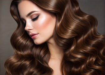 Fototapeta premium Close-Up of Long Brown Hair with Shiny Curls - Hairdressing & Extensions
