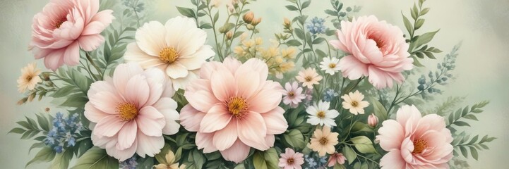 Vintage-inspired watercolor painting of delicate pastel florals on canvas, pastel, delicate, painting, artwork, elegance