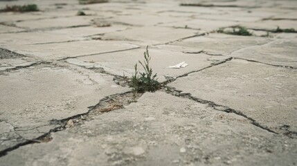 Small plant growing through cracked pavement.