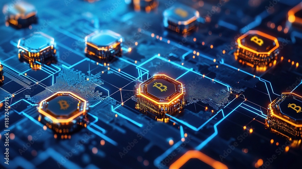 Poster futuristic circuit board with blockchain network and digital elements