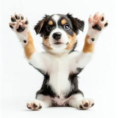 Fototapeta premium Puppy with paws stretched out, full-body view, playful expression, soft background, copy space on the right