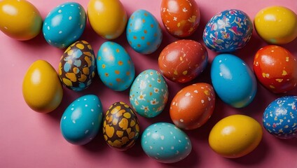 Fototapeta premium Easter eggs on colourful background. top view