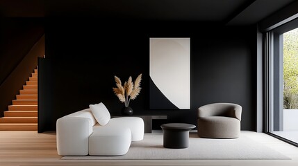 Modern minimalist living room with white modular sofa, beige armchair, and black accents.  Neutral color palette creates a calm and sophisticated atmosphere.