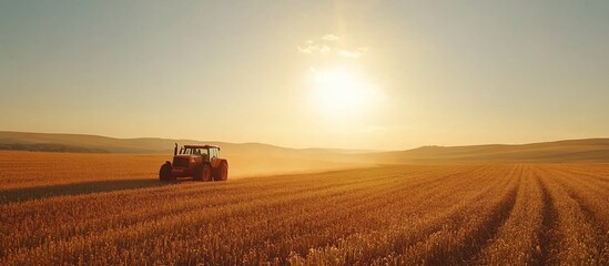 Fototapeta premium Sunset Tractor on Golden Wheat Field