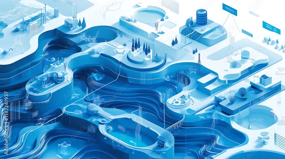 Poster infographicstyle representation of water resource management featuring flowing blue texture intercon