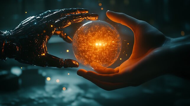 Human and robotic hands carefully exchange a glowing orb.