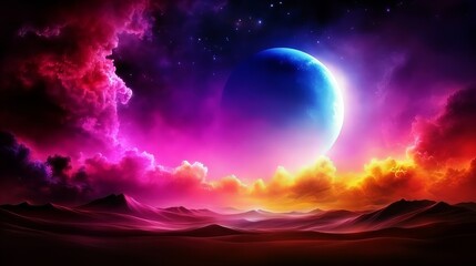 Vibrant alien landscape with a large, bright planet in the sky.  Surreal digital art.