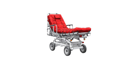 Red medical stretcher with wheels isolated on transparent background