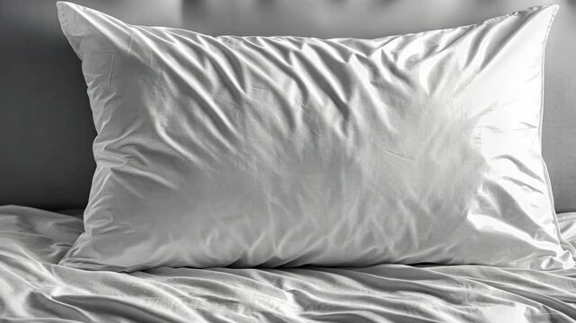 Soft, fluffy white pillow resting on rumpled bedspread in cozy bedroom during morning light