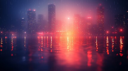 Fototapeta premium Rainy night cityscape reflected in water.