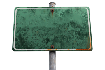 A rusty and worn green sign post supports an empty placard, creating a mysterious atmosphere in an isolated location, evoking curiosity about its past