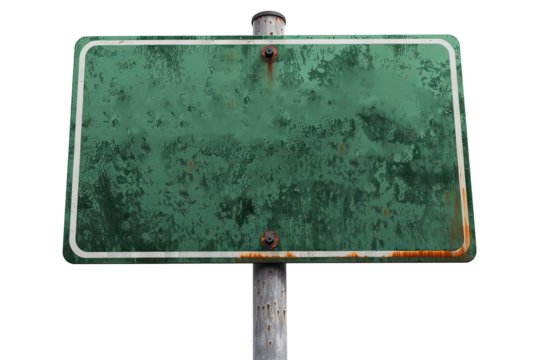 A rusty and worn green sign post supports an empty placard, creating a mysterious atmosphere in an isolated location, evoking curiosity about its past