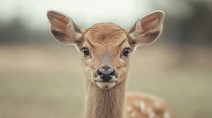 Fototapeta premium Close-up portrait of a young fawn, looking directly at the camera.