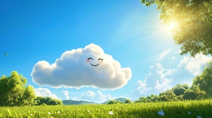 Fototapeta premium Happy smiling cloud floats over sunny green field.