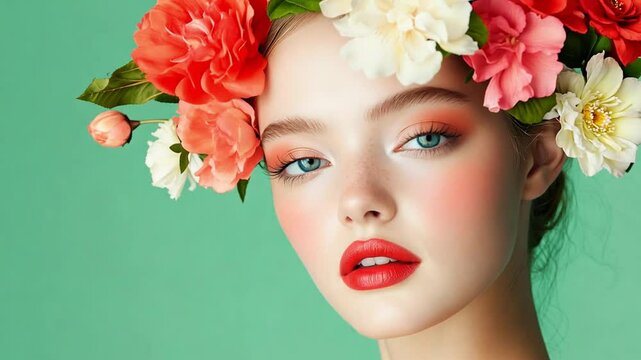 A young model woman showcases bold makeup and an artistic floral headpiece, capturing elegance and beauty in a vivid pastel setting