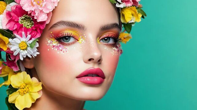 A model woman displays stunning makeup with bright hues and floral accents, creating a captivating visual experience against a vibrant teal background