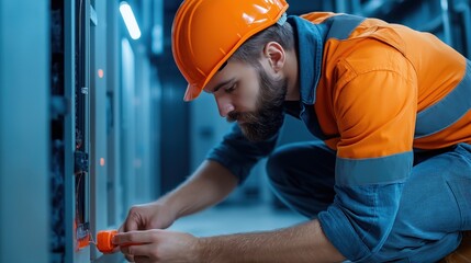 A technician wearing an orange hard hat and safety gear is focused on adjusting an electrical panel in a well-lit server room, ensuring proper functioning of equipment