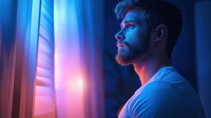 A young man stands near a window in a dimly lit room, contemplating as soft blue and purple light filters through the blinds, creating an atmosphere of introspection