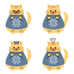 Cute nice lovely cat cartoon character on white background wearing a sweater with a  snowflake vector illustration