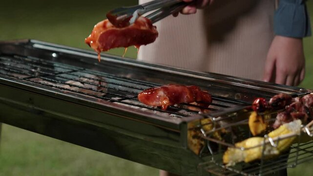 Grilled food of family celebration anniversary. Family have dinner party in garden. Outdoor camping activity relax with tasty food and spend time with cute relatives cross generation gap. Divergence.