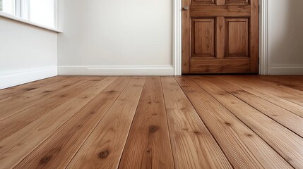 Naklejka premium warm wooden floor complements the bright, airy room featuring a wooden door and large windows. Sunlight streams in, enhancing the inviting atmosphere of the space