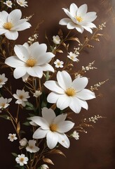 White flowers with gold splashes on a rich brown canvas, elegant, golden, artistic, beautiful