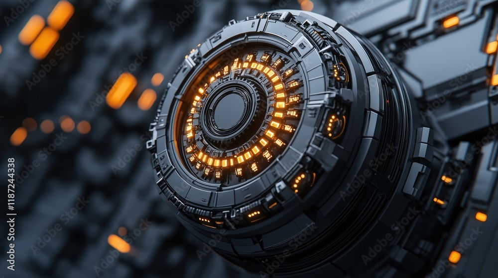 Poster close-up view of a high-tech device showcasing a circular component adorned with glowing orange ligh