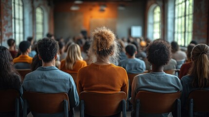 Fototapeta premium diverse group of individuals is seated in a cozy, well-lit room, attentively focusing on a speaker at the front. setting is warm and inviting, fostering community engagement and dialogue