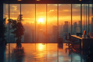 Business, skyline and empty office with furniture, sunset and city workplace with recruitment opportunity. Building, interior and urban architecture with windows, sun and professional, Generative AI