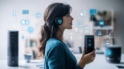 Woman using smart home technology, AI assistant, voice control, headphones, internet of things.