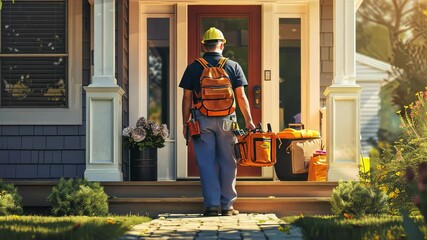 the craftsman enters the house with a tool. Selective focus