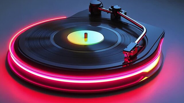 A turntable spins a vinyl record while colorful neon lights illuminate the device, creating a captivating and vibrant atmosphere